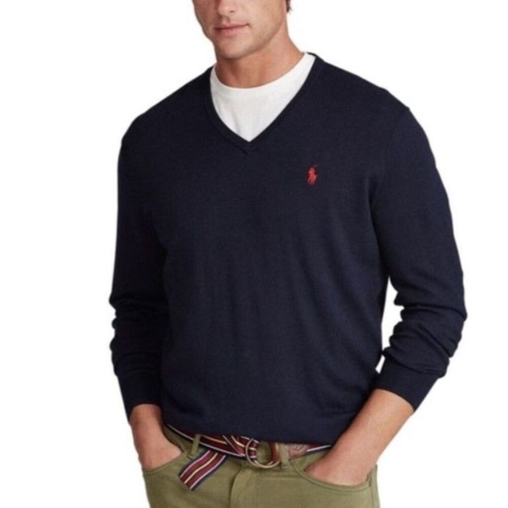 Polo Ralph Lauren Men's Navy Blue Pima Cotton V-Neck LS Pullover Sweater Size L